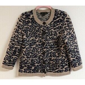 ANN TAYLOR Animal Print Alpaca/Merino Wool Blend Thick Plush Button-Up Sweater S